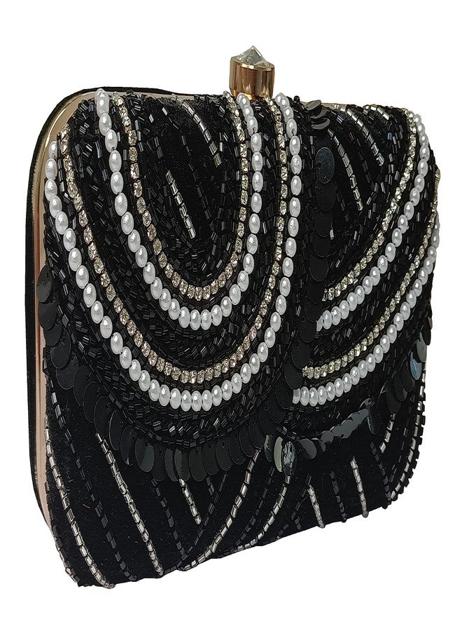 DUCHESS Women Hand Embroidered Sequins Box Clutch for Wedding Party (Black) - Image 2
